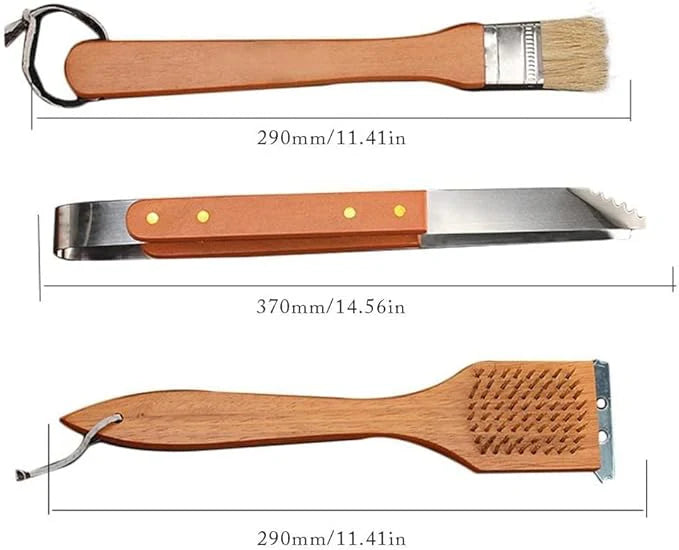 BBQ tool set, wooden handle tools, outdoor BBQ accessories, grilling essentials, BBQ tools UAE, BBQ grilling set, BBQ cooking tools