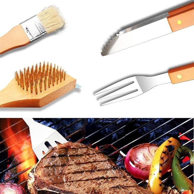 BBQ wooden handle tools, outdoor BBQ cooking, grilling accessories UAE, BBQ tool set, BBQ enthusiasts, grilling tools UAE, BBQ set for grilling