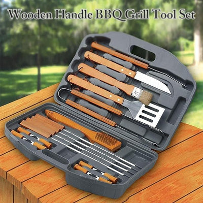 BBQ tool set, wooden handle tools, outdoor BBQ accessories, grilling essentials, BBQ tools UAE, BBQ grilling set, BBQ cooking tools