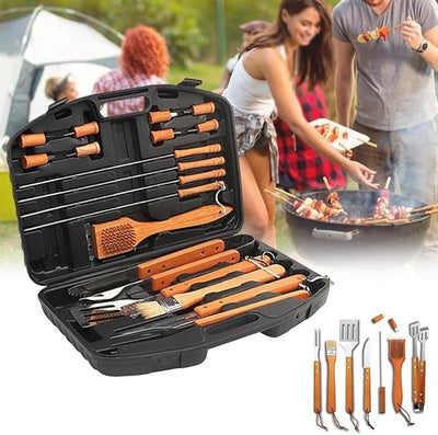 BBQ wooden handle tools, outdoor BBQ cooking, grilling accessories UAE, BBQ tool set, BBQ enthusiasts, grilling tools UAE, BBQ set for grilling